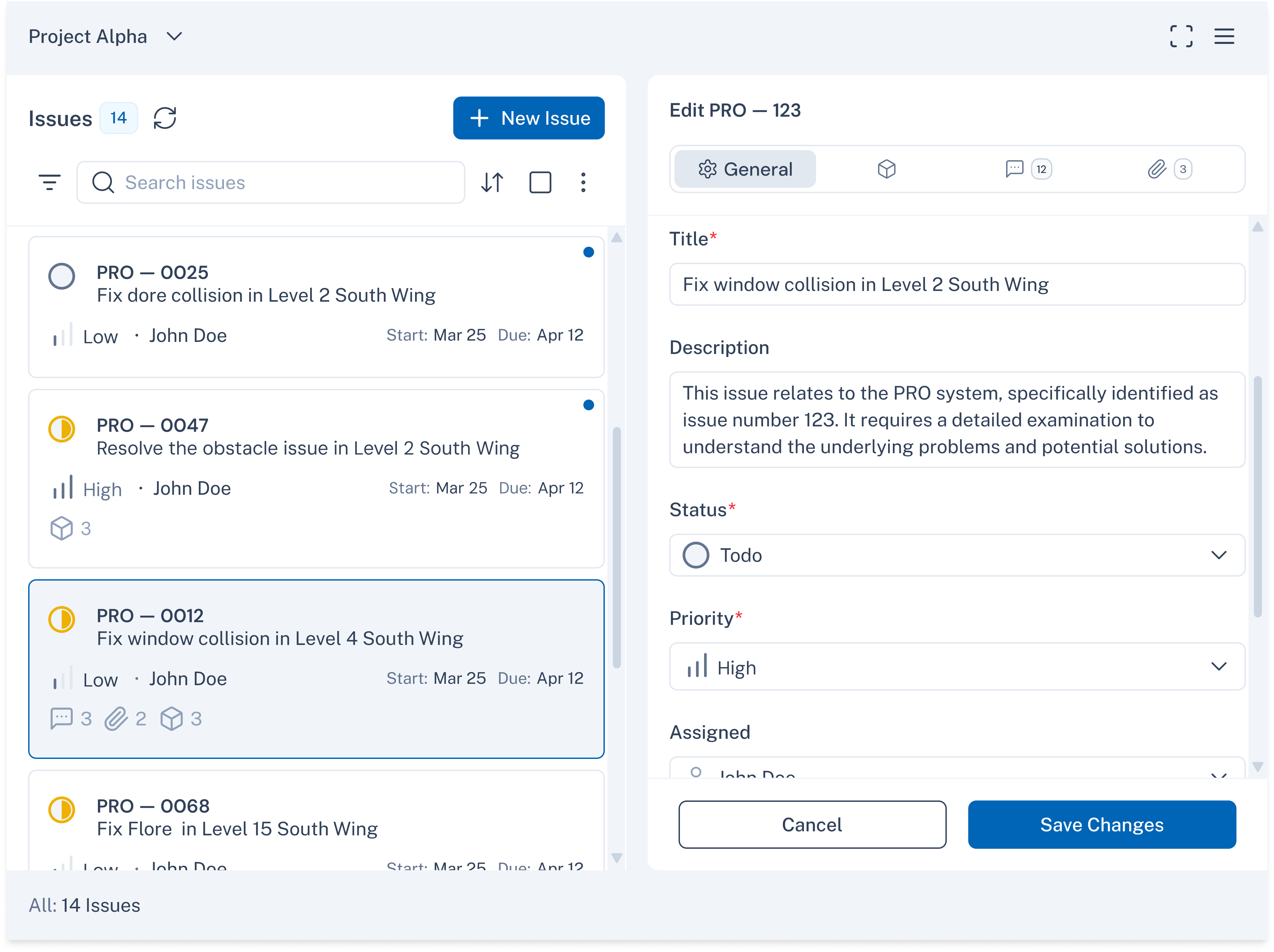 Taska issue management interface inside Project Alpha
