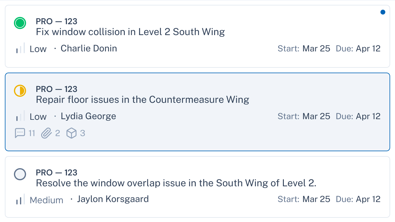 Taska issue list with locations, assignees, priorities, and dates