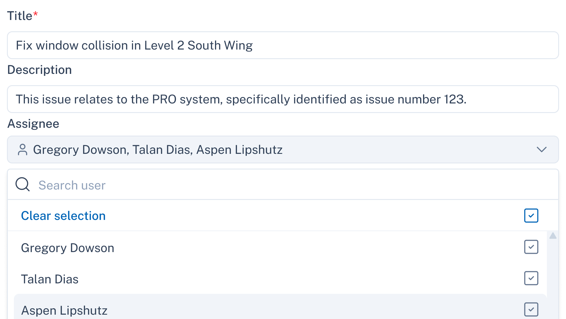 Taska issue form with multiple assignees selected