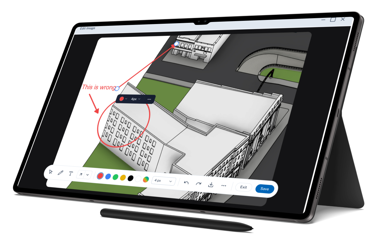 Live screen markup tools shown on a Revit model