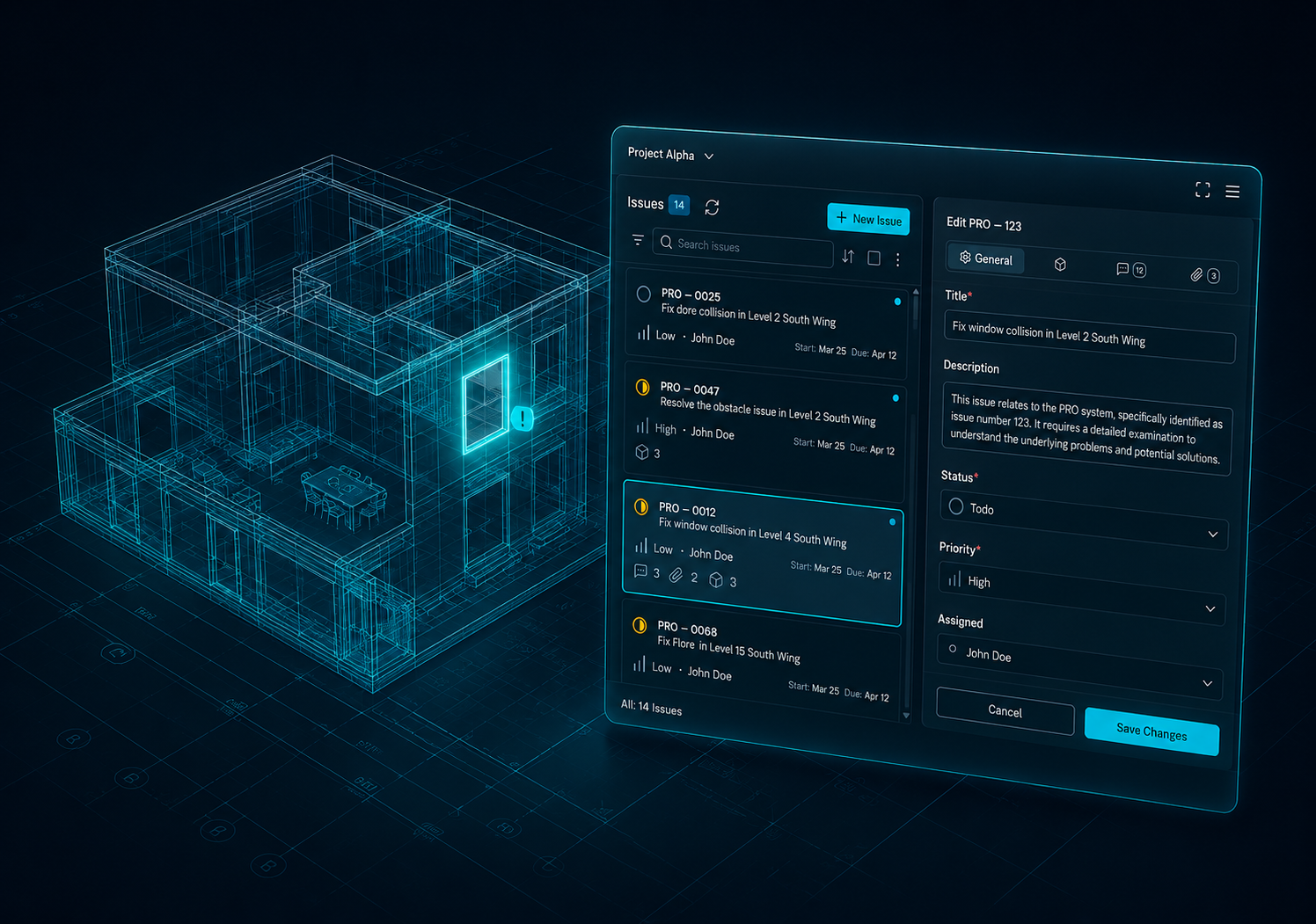 Taska issue tracking shown over a digital BIM model